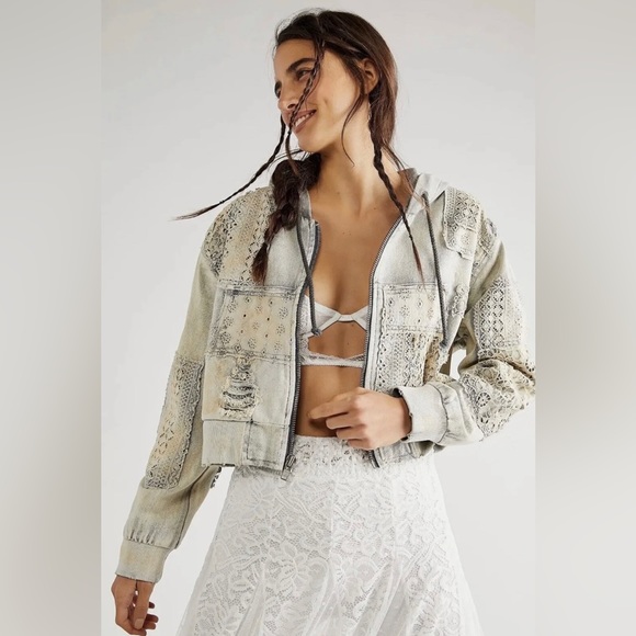 Fp Free People Mazzie Denim Bomber Hoodie Jacket NWOT - Picture 3 of 8